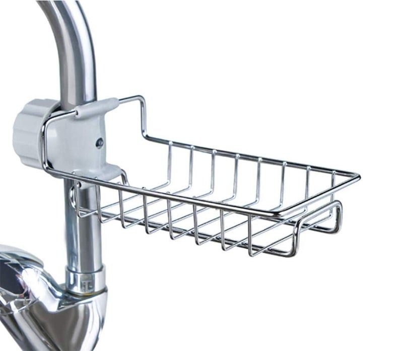 Stainless Steel Faucet Rack Adjustable Snap-On Faucet Rack for Kitchen & Bathroom Over-the-Faucet Sponge Holder Shelf for Soap, Scrubbers, Brushes  - Image 1