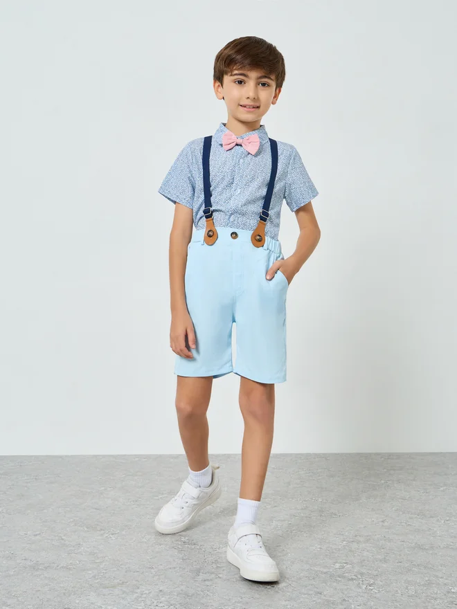 Styli Styli Boys Printed Shirt and Shorts Suspender Set