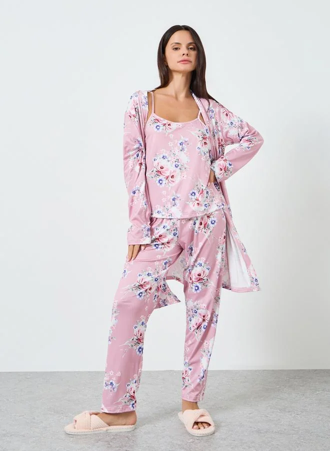 Styli 3 PACK PLACEMENT FLORAL PRINT CAMI ROBE & PJ LONG SET