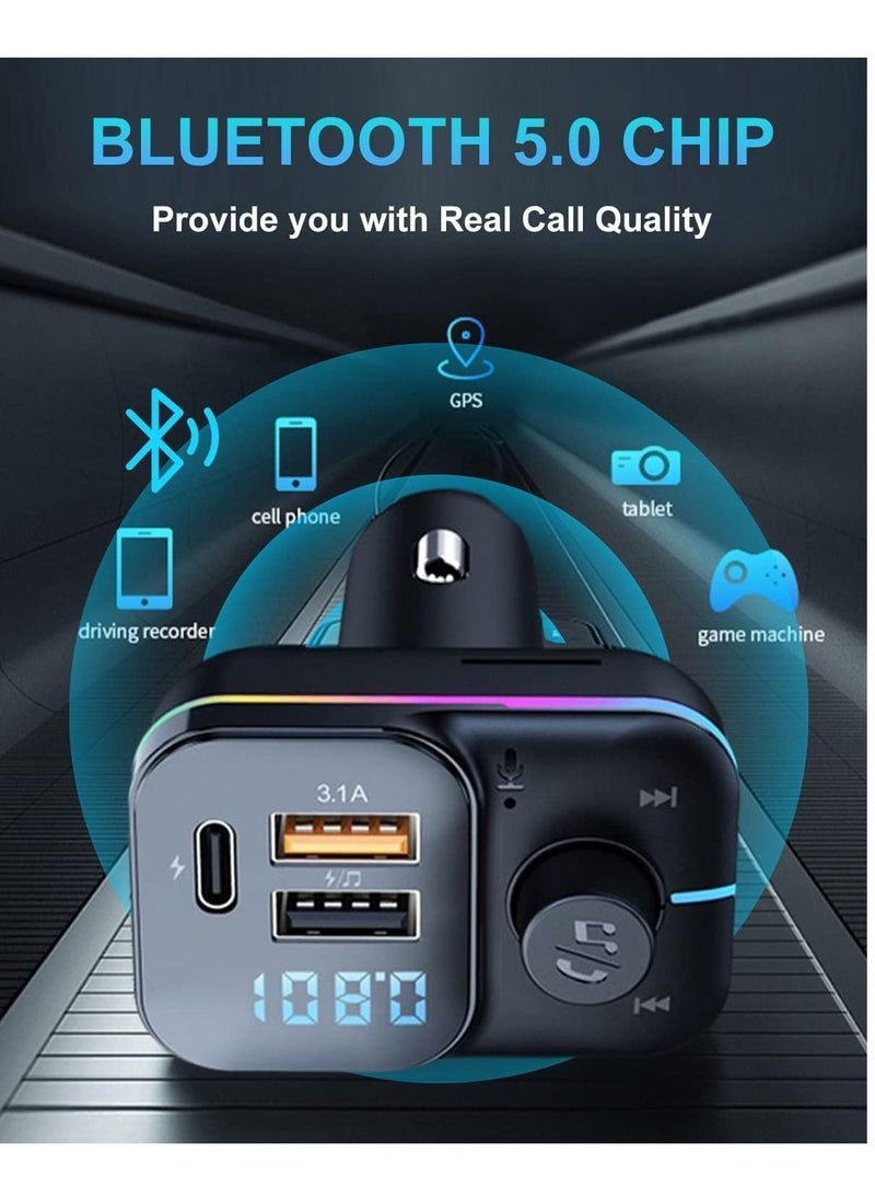 SYOSI Bluetooth Car Adapter FM Bluetooth Transmitter Car Radio Car Bluetooth Transmitter PD + QC Quick Charge 8 RGB LED 3 USB Ports Handsfree Calls Bluetooth 5.0 Supports TF Card and U-Disk  - Image 2