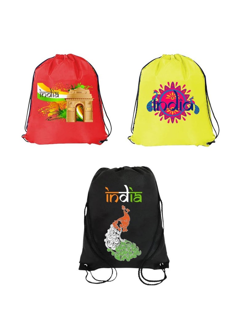 India Pack Of 3 Drawstring Bags For Republic Day-Durable Sports Backpack For Kids,Great For School And College,Everyday Use, Lightweight with Printed-Perfect For India Republic Day - Image 1