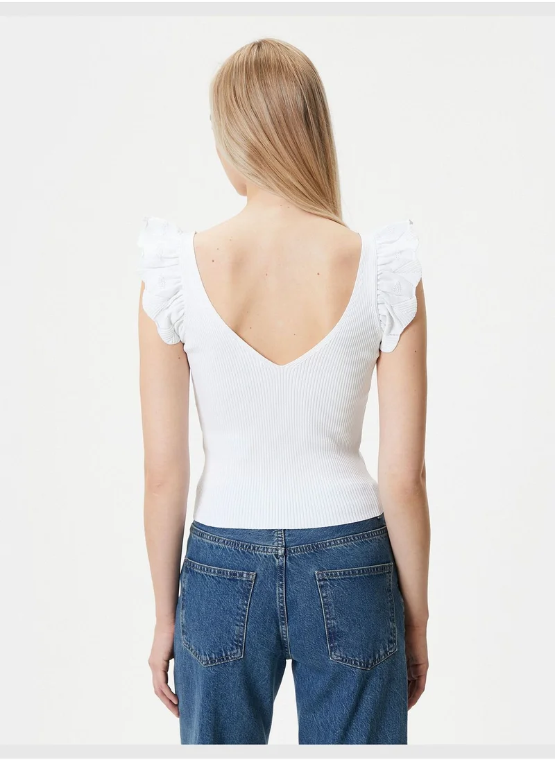 KOTON Ruffle Ribbed V Neck Knitted Blouse