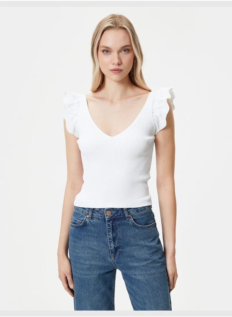 KOTON Ruffle Ribbed V Neck Knitted Blouse