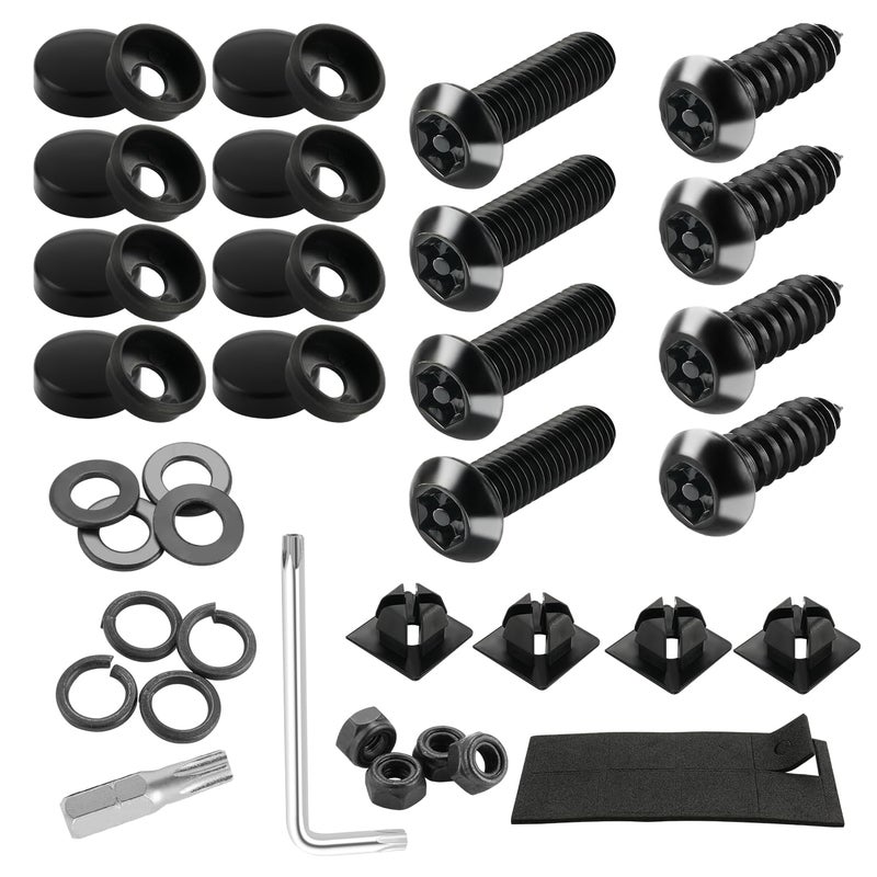 LivTee Anti Theft License Plate Screws Kits for Securing Frames and Covers M6 14 Tamper Proof Screws Fastener Nut Caps Cover for Front Rear Frame Holder Mounting Black
