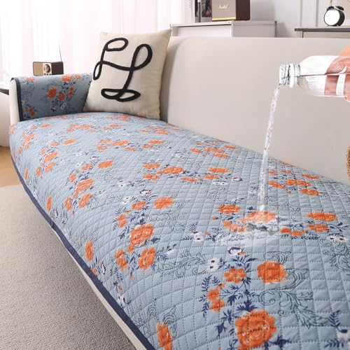 HOKIPO 'ShieldQuilt' 100% Leakproof Sofa Cover Mat for All Sofas | Make Your Own Sofa Cover Set, Printed Quilted Sofa Mat Length 85(D) x 170(L) cm, Floral Blue (IN-865-D1) - Image 1