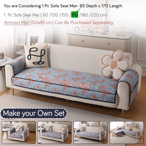 HOKIPO 'ShieldQuilt' 100% Leakproof Sofa Cover Mat for All Sofas | Make Your Own Sofa Cover Set, Printed Quilted Sofa Mat Length 85(D) x 170(L) cm, Floral Blue (IN-865-D1) - Image 4