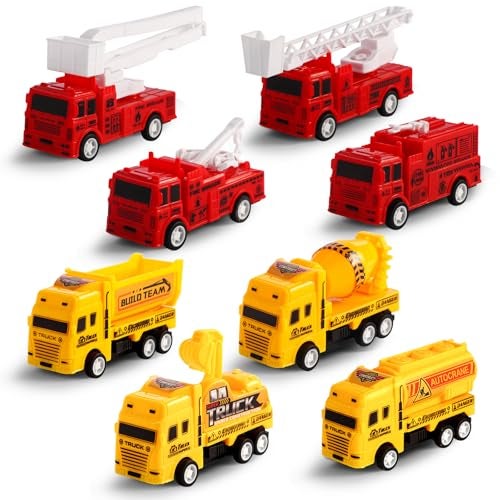 HSMQ 8 Pack Pull Back Cars Vehicle Toys Set Fire Truck Construction Truck Model for Kids Boys Girls Toddler Mini Pull Back Vehicles Party Favors Birthday Gift Classroom Prize Pinata Fillers - Image 1