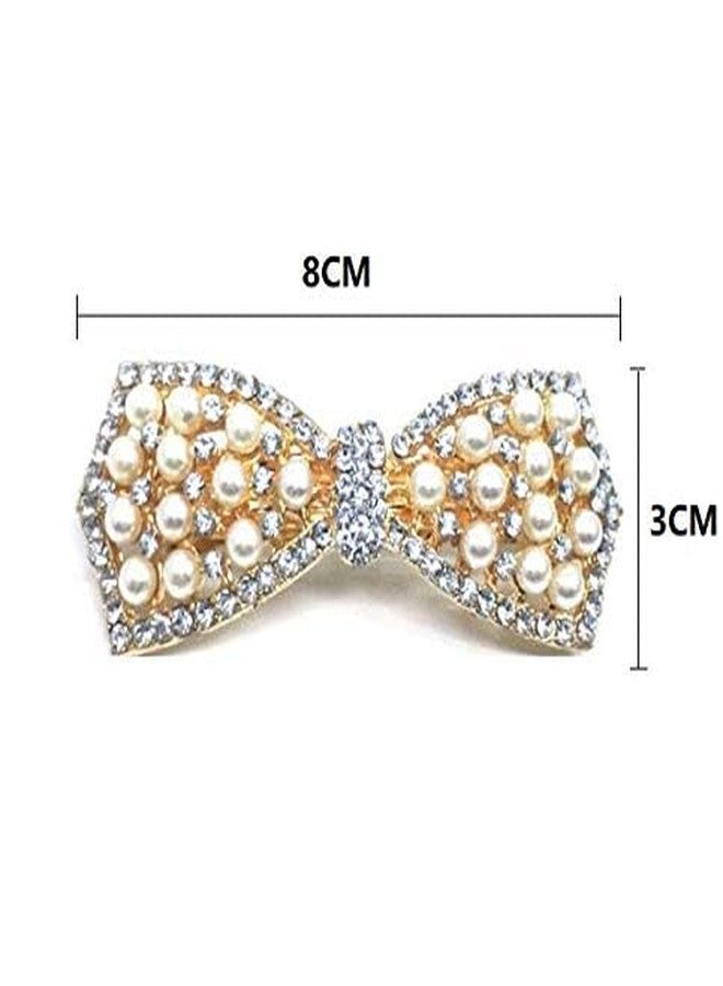 DNHCLL Pearl Bow Hairpin Set With Drill Water Drill Cross Pin Headdress Ponytail Clip for Womens(Golden) - Image 3