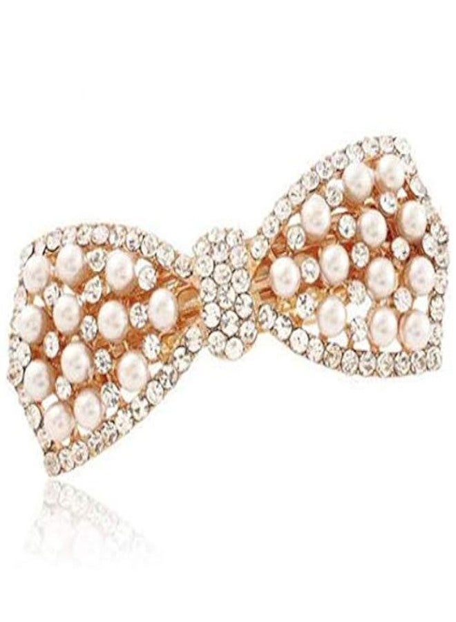 DNHCLL Pearl Bow Hairpin Set With Drill Water Drill Cross Pin Headdress Ponytail Clip for Womens(Golden) - Image 1