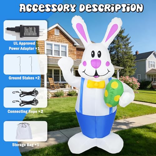 Dearsun 6.2FT Easter Inflatables Outdoor Decoration, Inflatable Bunny Blow up Outdoor Yard Decorations Giant Bunny Holding Easter Egg with LED Lights for Holiday Party Indoor Outdoor Décor - Image 4