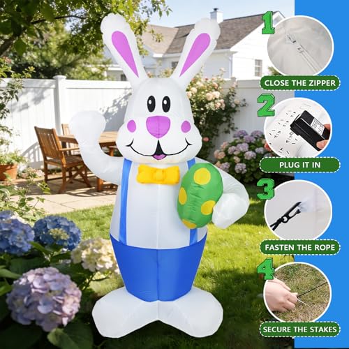 Dearsun 6.2FT Easter Inflatables Outdoor Decoration, Inflatable Bunny Blow up Outdoor Yard Decorations Giant Bunny Holding Easter Egg with LED Lights for Holiday Party Indoor Outdoor Décor - Image 3