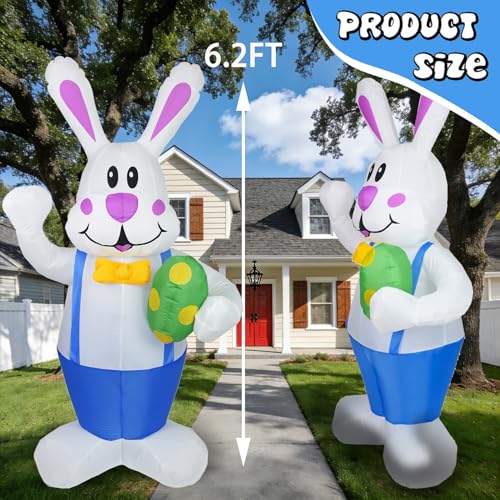 Dearsun 6.2FT Easter Inflatables Outdoor Decoration, Inflatable Bunny Blow up Outdoor Yard Decorations Giant Bunny Holding Easter Egg with LED Lights for Holiday Party Indoor Outdoor Décor - Image 2