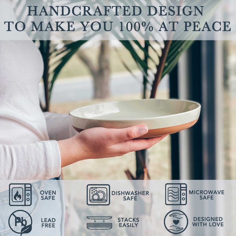 MORA Ceramic Flat Pasta Bowl Set of 4-35oz, Microwave Safe Plate with High Edge - Modern Porcelain Dinnerware for Kitchen and Eating, Large Wide Bowls/Plates for Serving Dinner, Salad, etc- Neutrals - Image 3