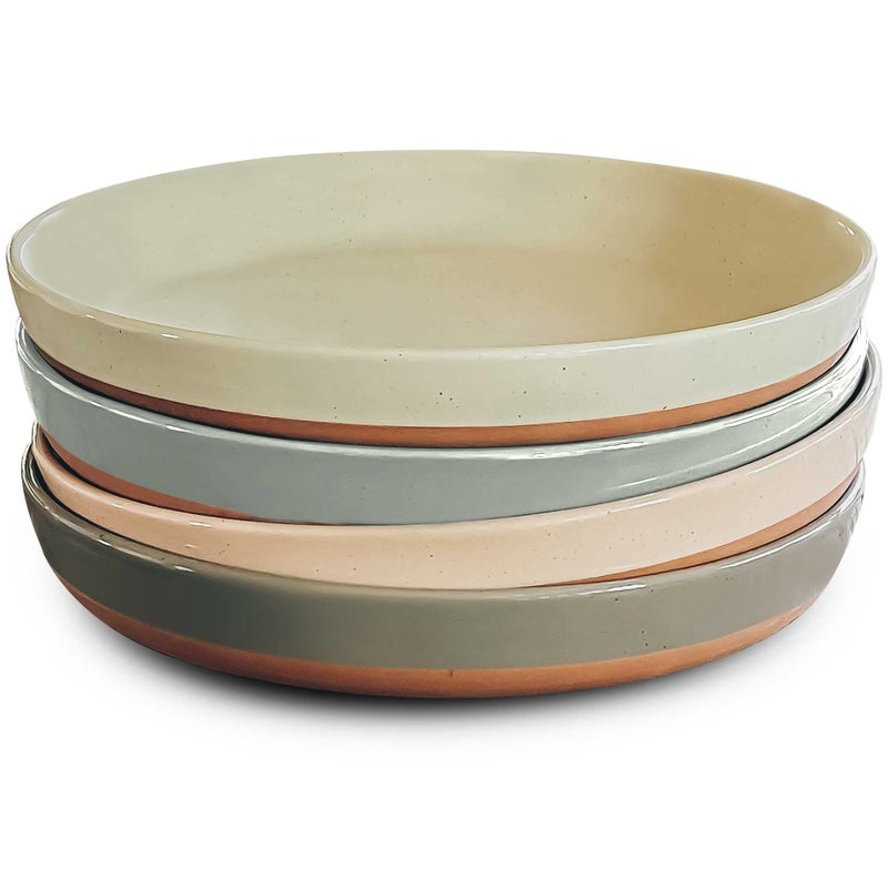 MORA Ceramic Flat Pasta Bowl Set of 4-35oz, Microwave Safe Plate with High Edge - Modern Porcelain Dinnerware for Kitchen and Eating, Large Wide Bowls/Plates for Serving Dinner, Salad, etc- Neutrals - Image 1