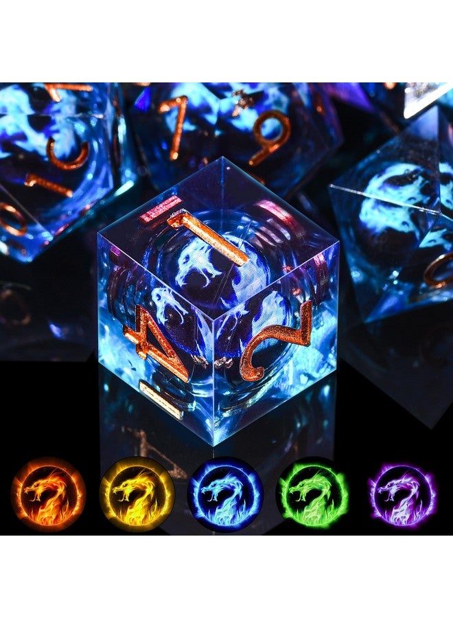 AUSTOR 7 Die DND Dice Set 7 Pieces Blue Flame Dragon Resin Dice Role Playing D and D Dice D20 D12 D10 D8 D6 D4 Sharp Edge Dungeons and Dragons Dice with Case - Image 1