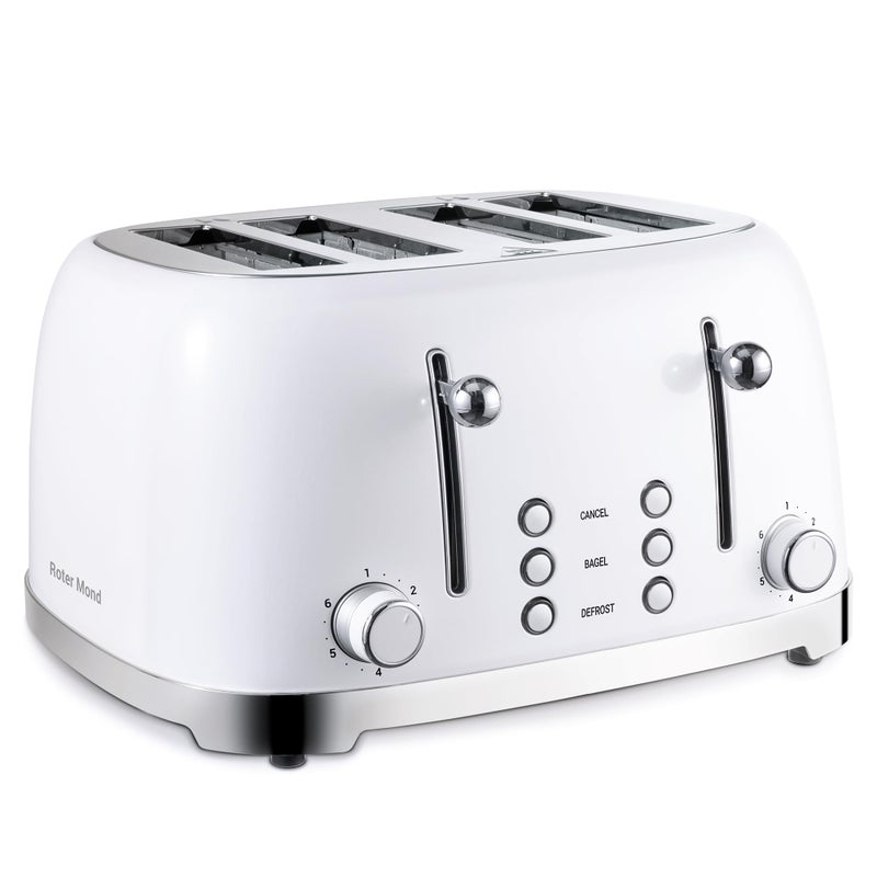 Roter Mond 4 Slice Toaster Retro Stainless Steel with Bagel Defrost Cancel Function, 6 Browning Settings, Extre Wide Slot and Removable Crumb Tray, White, ST033 - Image 1