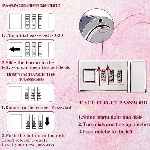 LXWHYP Diary with Lock, A5 Lockable Journal, PU Leather Combination Lock Diary, Lock Diary Planner Organizer for Men and Women, Office Product 8.6 x 5.9 in- Pink - Image 3