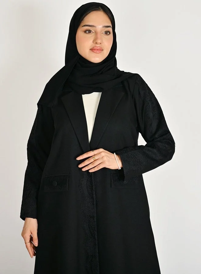 Hawraa Abaya Black Blazer-Style Abaya with Front Pockets Adorned with Elegant Lace Detailing