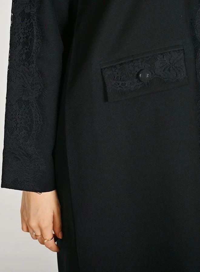 Hawraa Abaya Black Blazer-Style Abaya with Front Pockets Adorned with Elegant Lace Detailing