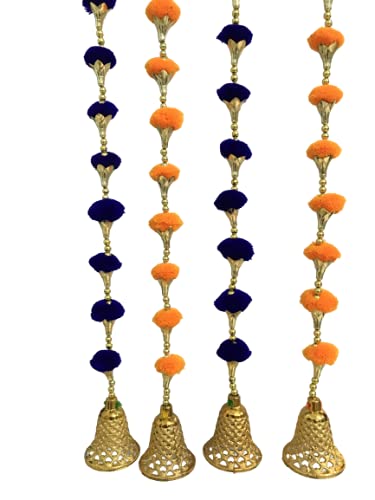 Aahum Handmade Wall Door Orange and BlueColor PomPom StringToran Golden BeadsTriangle FlowersHanging ToransGarland BandhwarDecoration Item for HomeDécor Diwali,Festival,Navratri,Wedding(5FT 8 Strings) - Image 5