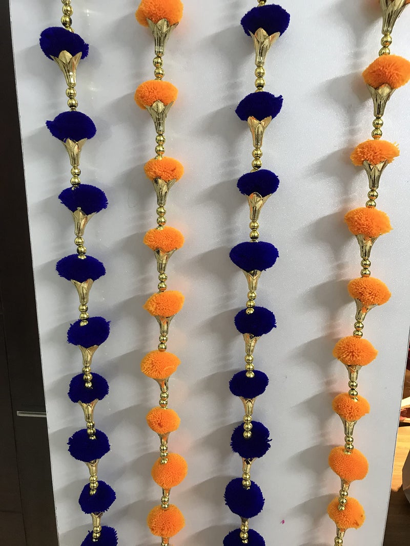 Aahum Handmade Wall Door Orange and BlueColor PomPom StringToran Golden BeadsTriangle FlowersHanging ToransGarland BandhwarDecoration Item for HomeDécor Diwali,Festival,Navratri,Wedding(5FT 8 Strings) - Image 3