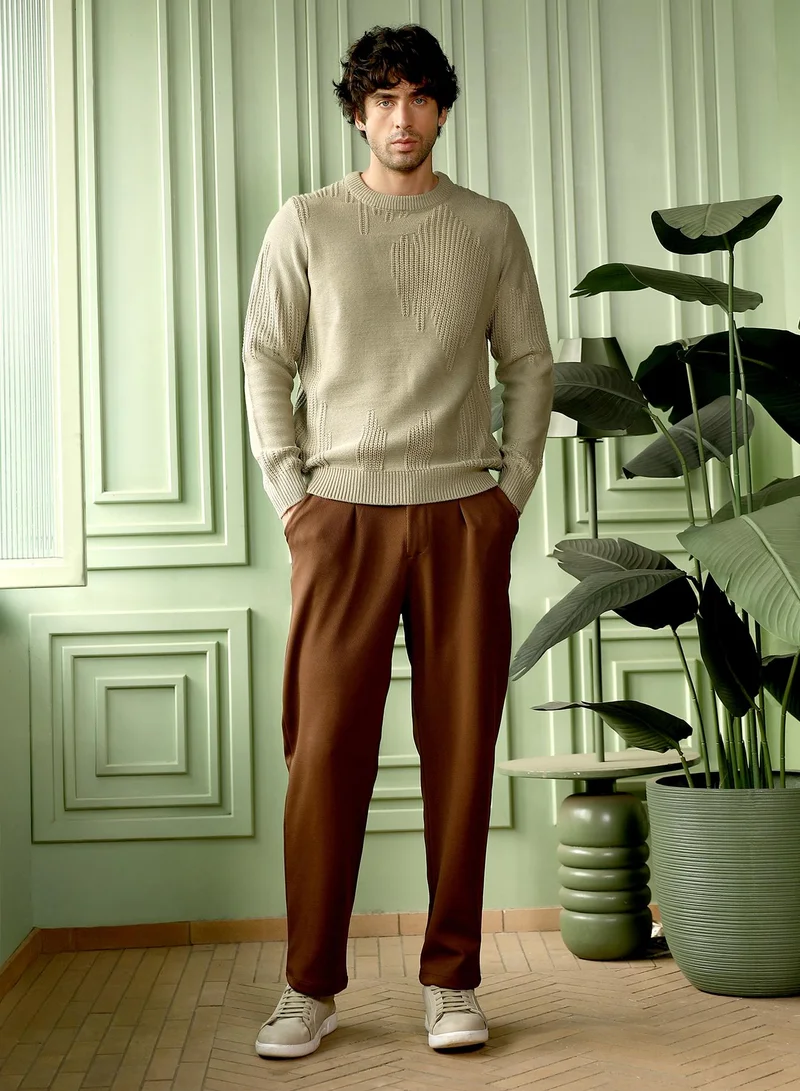 CAHOOT  Men Drip-Jacquard Pullover Sweater | Crew Neck, Long Ribbed Cuff Sleeves | Pull On , Ribbed-Straight Hem | Geometric Jacquard | Knitted Fabric For Casual & Daily Wear | Peanut Beige for Men | Best Price UAE