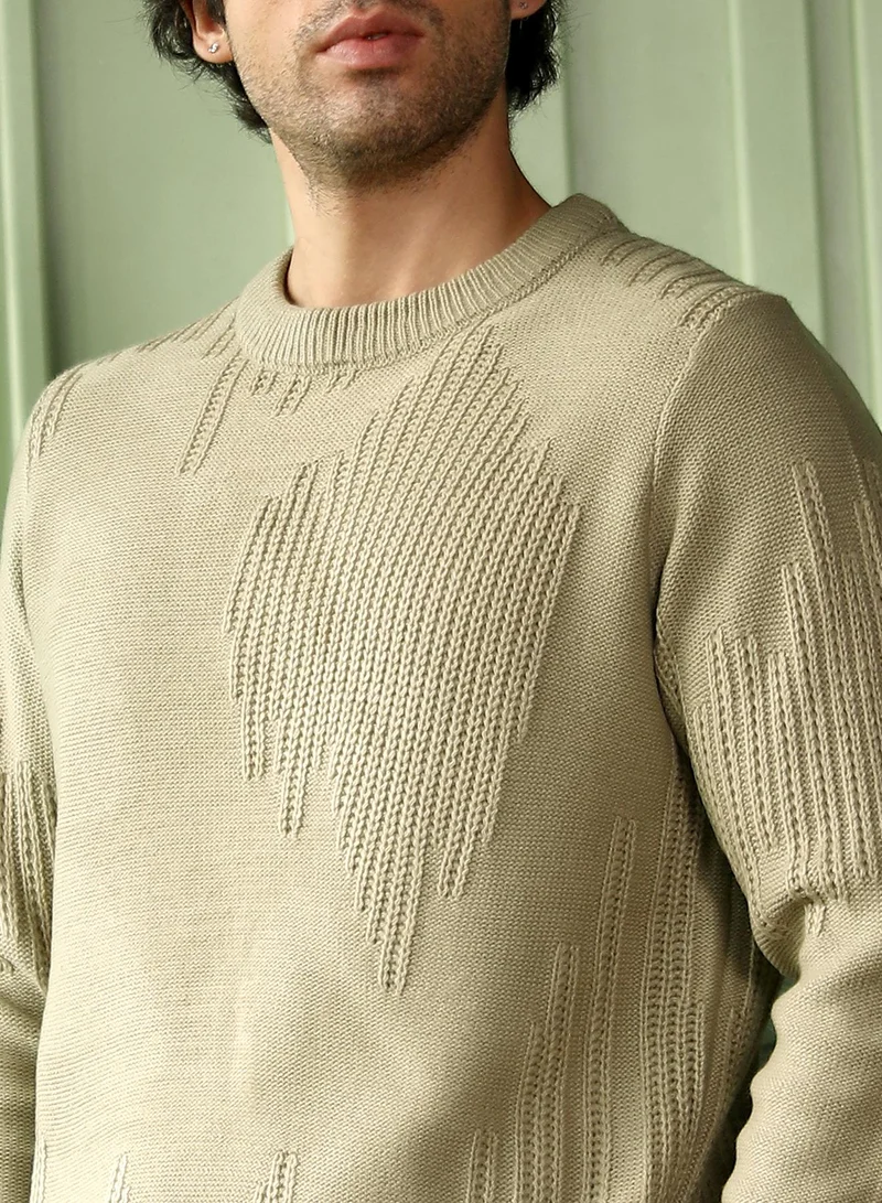 CAHOOT  Men Drip-Jacquard Pullover Sweater | Crew Neck, Long Ribbed Cuff Sleeves | Pull On , Ribbed-Straight Hem | Geometric Jacquard | Knitted Fabric For Casual & Daily Wear | Peanut Beige for Men | Best Price UAE
