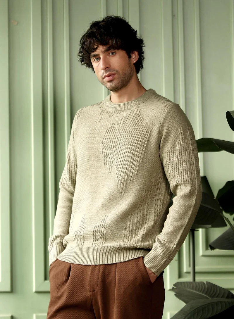 CAHOOT  Men Drip-Jacquard Pullover Sweater | Crew Neck, Long Ribbed Cuff Sleeves | Pull On , Ribbed-Straight Hem | Geometric Jacquard | Knitted Fabric For Casual & Daily Wear | Peanut Beige for Men | Best Price UAE