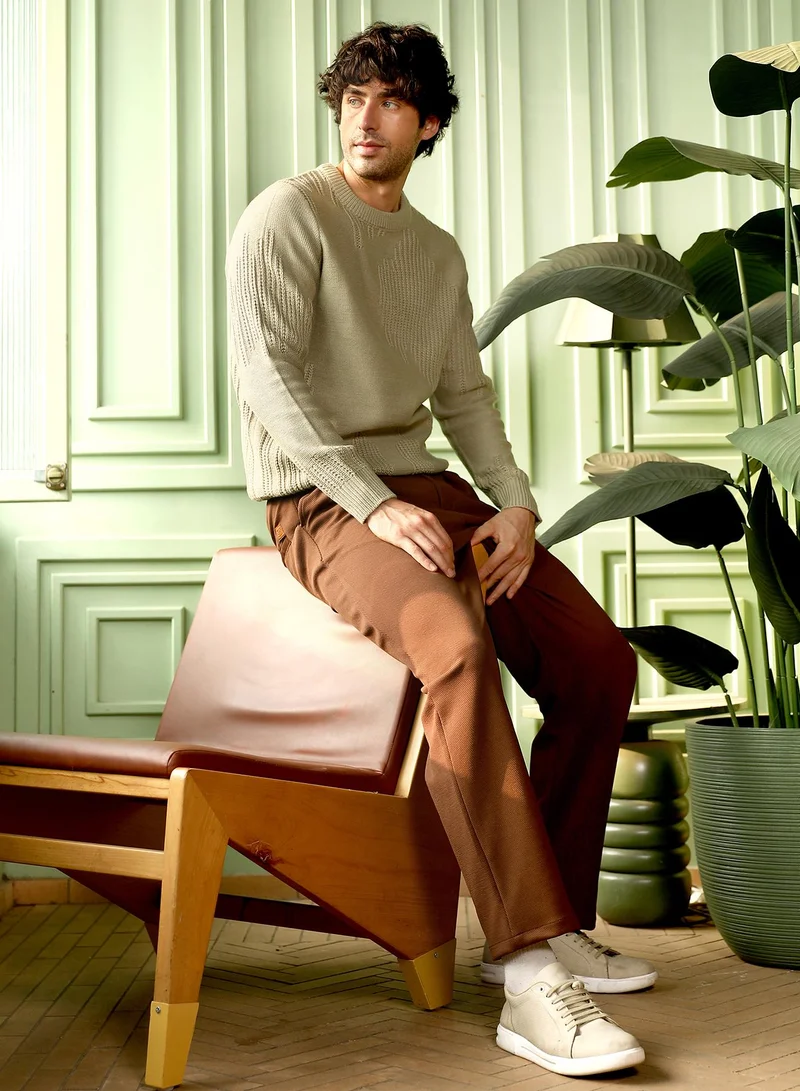 CAHOOT  Men Drip-Jacquard Pullover Sweater | Crew Neck, Long Ribbed Cuff Sleeves | Pull On , Ribbed-Straight Hem | Geometric Jacquard | Knitted Fabric For Casual & Daily Wear | Peanut Beige for Men | Best Price UAE