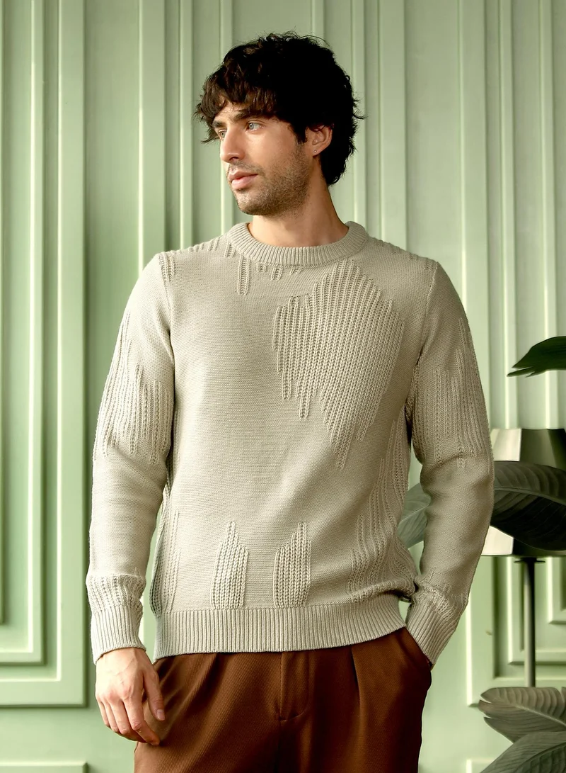 CAHOOT Men Drip-Jacquard Pullover Sweater | Crew Neck, Long Ribbed Cuff Sleeves | Pull On , Ribbed-Straight Hem | Geometric Jacquard | Knitted Fabric For Casual & Daily Wear | Peanut Beige