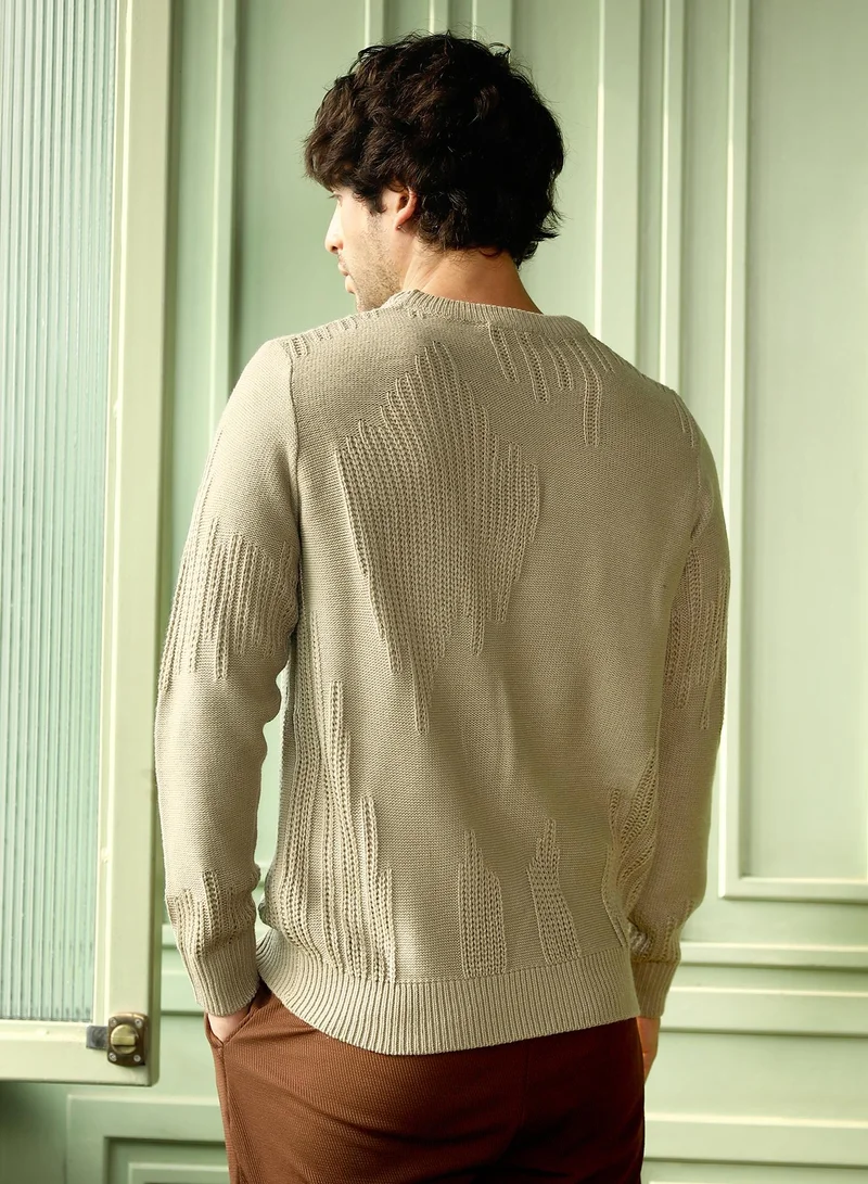 CAHOOT  Men Drip-Jacquard Pullover Sweater | Crew Neck, Long Ribbed Cuff Sleeves | Pull On , Ribbed-Straight Hem | Geometric Jacquard | Knitted Fabric For Casual & Daily Wear | Peanut Beige for Men | Best Price UAE