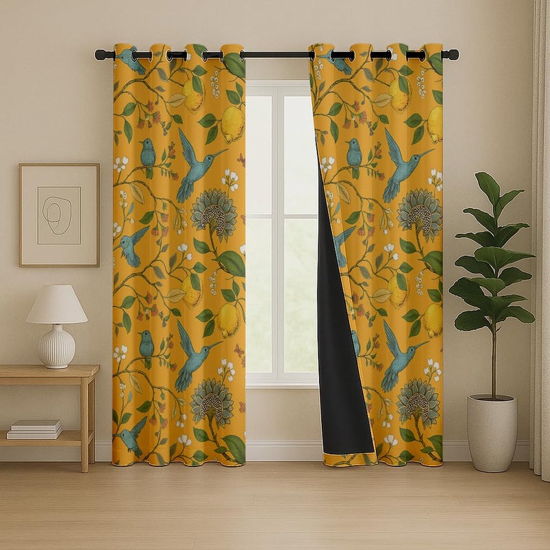 BFAM Floral Print 100% Blackout Curtain with Black Linning at Back, Floral Print Curtains for Living Room/Bedroom Thermal Insulated Energy Saving, Yellow Bird, 7FT, Pack of 1 Curtain - Image 1
