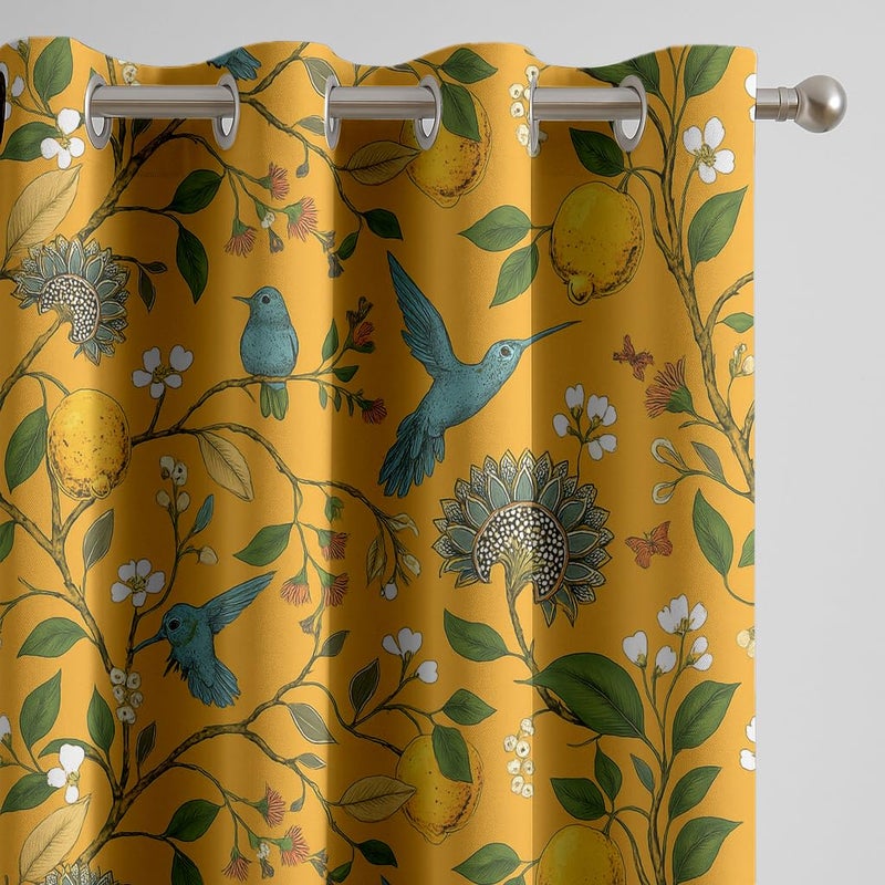 BFAM Floral Print 100% Blackout Curtain with Black Linning at Back, Floral Print Curtains for Living Room/Bedroom Thermal Insulated Energy Saving, Yellow Bird, 7FT, Pack of 1 Curtain - Image 3