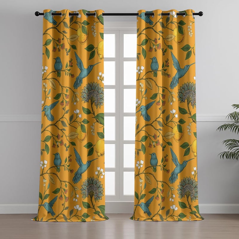 BFAM Floral Print 100% Blackout Curtain with Black Linning at Back, Floral Print Curtains for Living Room/Bedroom Thermal Insulated Energy Saving, Yellow Bird, 7FT, Pack of 1 Curtain - Image 2
