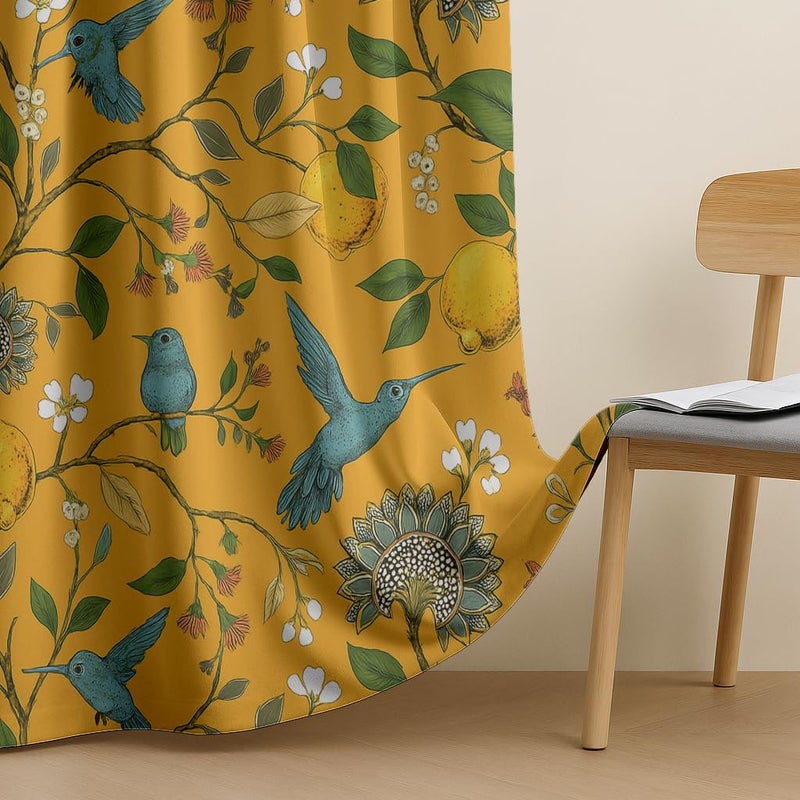 BFAM Floral Print 100% Blackout Curtain with Black Linning at Back, Floral Print Curtains for Living Room/Bedroom Thermal Insulated Energy Saving, Yellow Bird, 7FT, Pack of 1 Curtain - Image 5