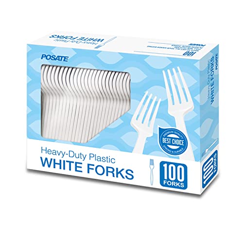POSATE Heavyweight Plastic Forks White 100 Counts