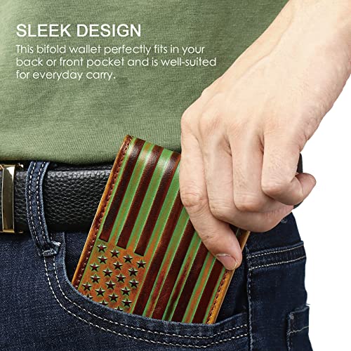 Pefiam Full Grain Leather Bifold Wallet for Men - 12 Slots, RFID Blocking - USA Flag, Brown - Image 5