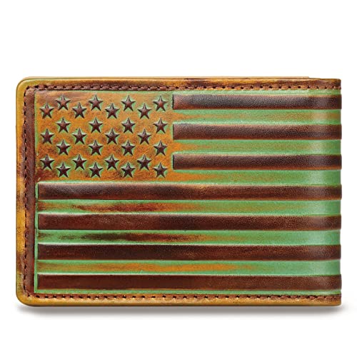 Pefiam Full Grain Leather Bifold Wallet for Men - 12 Slots, RFID Blocking - USA Flag, Brown - Image 1