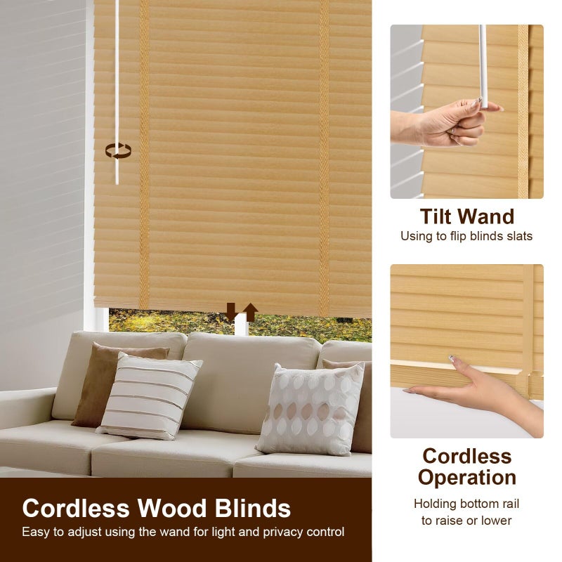 BAYUE 2" Cordless Wood Blinds for Indoor Windows Custom Blackout Blinds Room with Privacy Protection, Cordless Wooden Horizontal Window Shades for Bedroom, Living Room, Office, Kitchen, 23" W x 48" H - Image 4