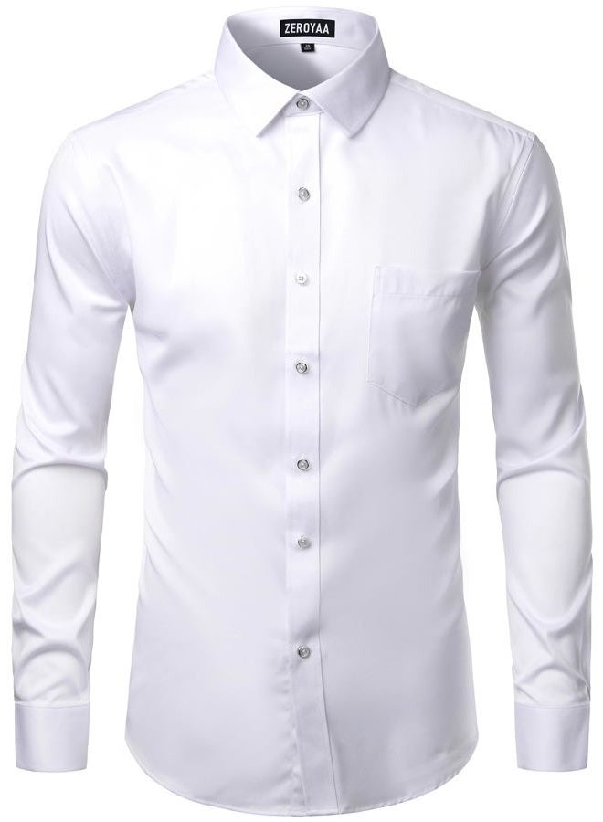 ZEROYAA Men's Business Formal Slim Fit Long Sleeve Button Up Dress Shirts with Pocket, White, S - Image 1