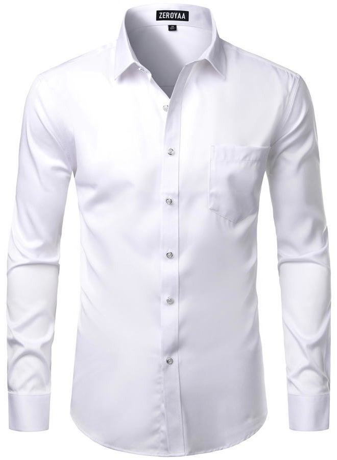ZEROYAA Men's Business Formal Slim Fit Long Sleeve Button Up Dress Shirts with Pocket, White, S - Image 2