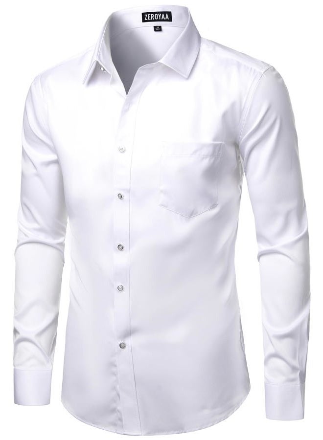 ZEROYAA Men's Business Formal Slim Fit Long Sleeve Button Up Dress Shirts with Pocket, White, S - Image 3