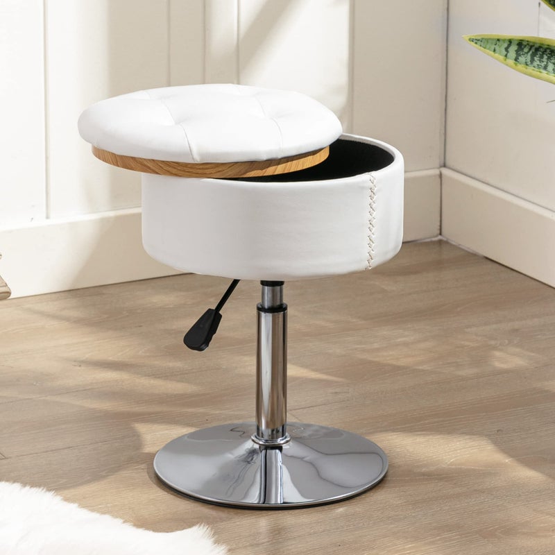 LUE BONA LUE BONA 360Swivel Vanity Stool Chair for Makeup Room Height Adjustable Stool for Vanity with Storage Small White Faux Leather for Bathroom Living Room 