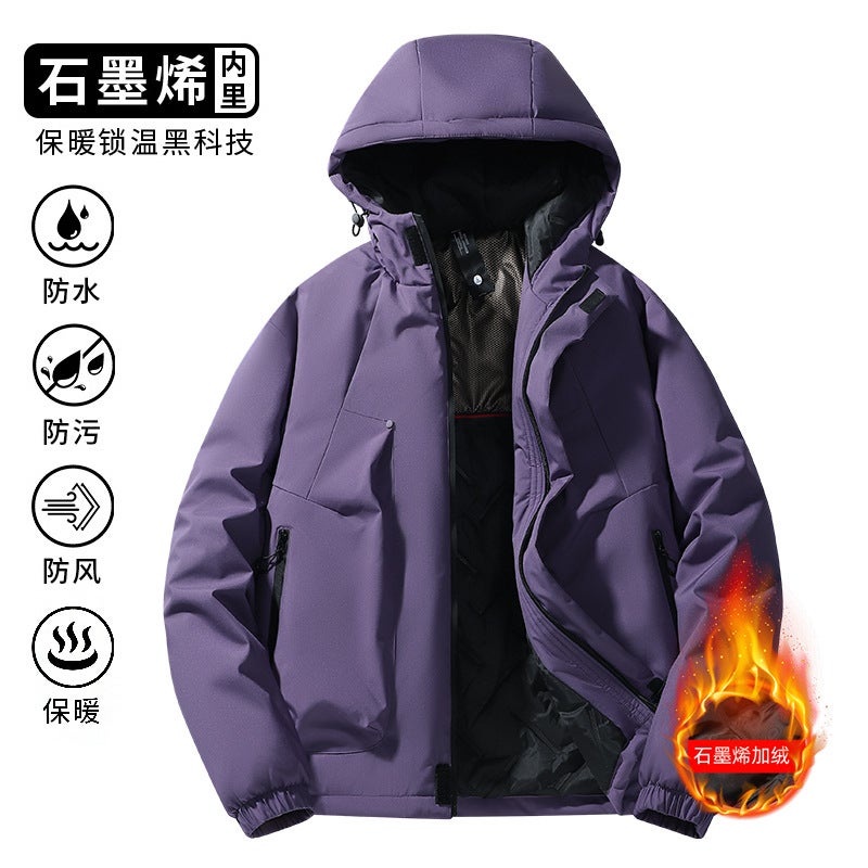 Autumn and Winter New Graphene Jacket fleece-lined Thickened Warm Cotton-padded Mens Windproof Waterproof Loose Jacket for Men Purple  - Image 1