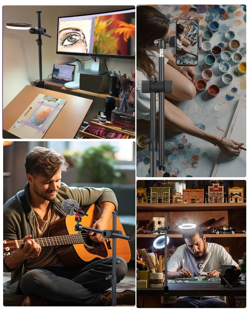 JEBUTU حامل كاميرا علوي لسطح المكتب، حامل ذراع كاميرا مع مشبك قابل للتعديل بزاوية 360°، حامل ذراع كاميرا مع قاعدة كروية لحامل الهاتف لسطح المكتب لميكروفون لوجيتك وإضاءة الفيديو والهاتف المحمول - Image 2