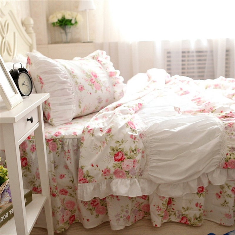 FADFAY FADFAY Cotton BeddingShabby Rose Floral Print Bedding SetElegant Country Style Ruffles Cute Girls Duvet Cover Bed Sets with Lace Twin Size 