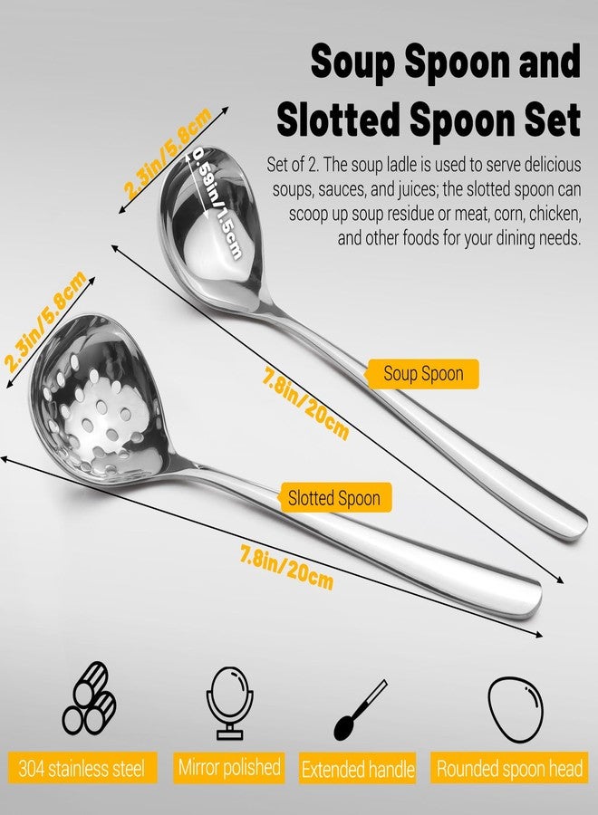Realand 2Pcs Small Ladle and Slotted Spoon, Heavy Duty 304 Stainless Steel Gravy Ladle Mini Soup Ladles for Serving, Skimmer Strainer Spoon with Holes, Silver - Image 2