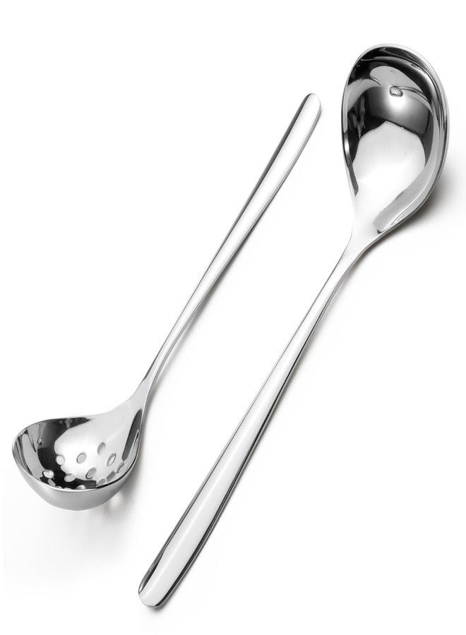 Realand 2Pcs Small Ladle and Slotted Spoon, Heavy Duty 304 Stainless Steel Gravy Ladle Mini Soup Ladles for Serving, Skimmer Strainer Spoon with Holes, Silver - Image 1