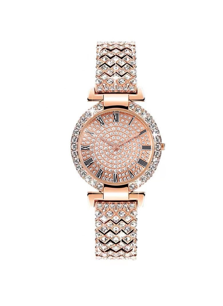 Generic Full Diamond Roman Pattern Women's Watch Quartz Watch Women's Watch Bracelet Watch (Rose Gold)  - Image 1