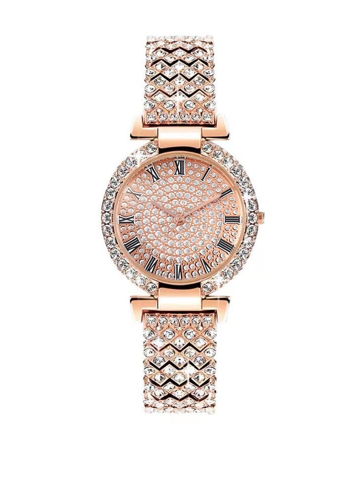 Generic Full Diamond Roman Pattern Women's Watch Quartz Watch Women's Watch Bracelet Watch (Rose Gold)  - Image 2